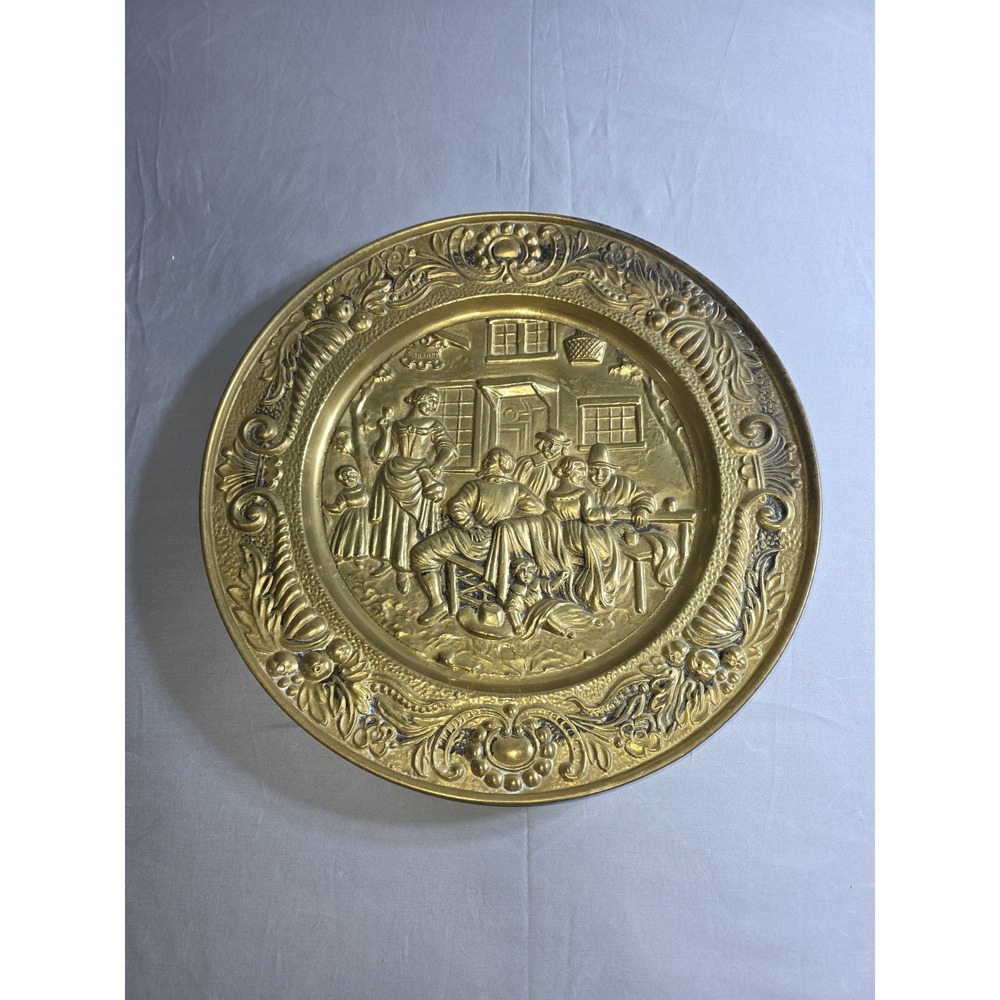 Vintage England Brass Wall Plaque "Cabaret" Embossed Medieval Tavern Scene 14"